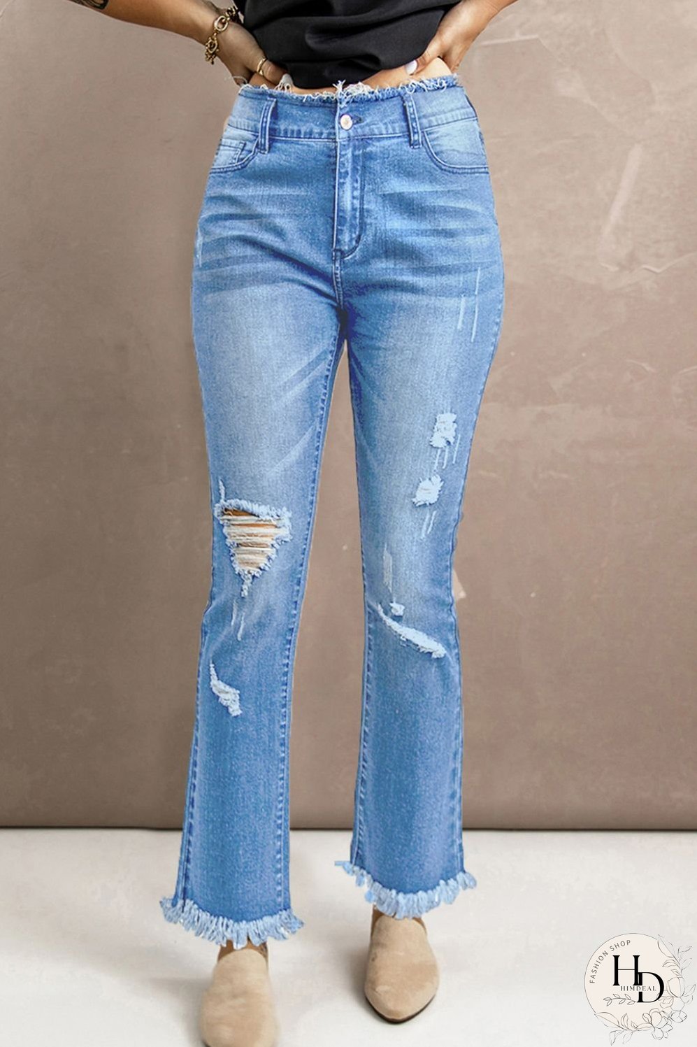 Baeful High Waist Distressed Raw Hem Jeans