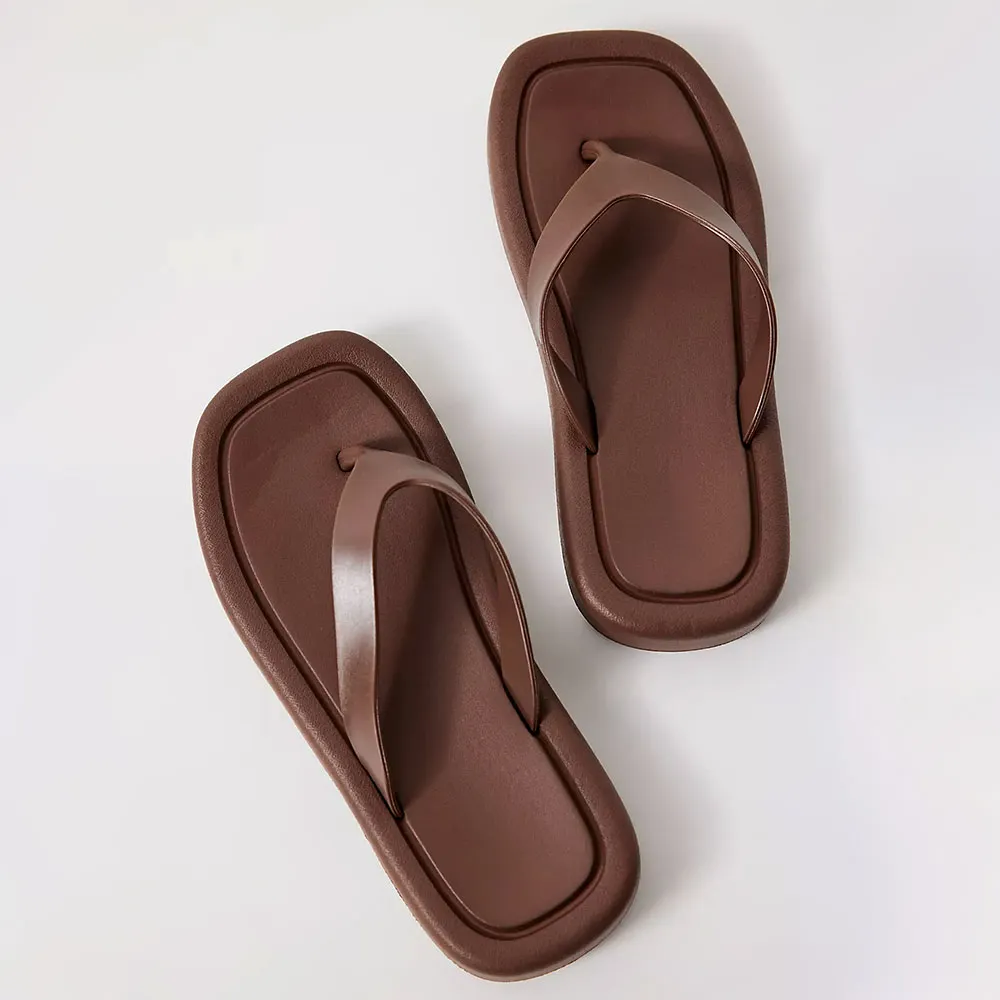Brown Open Square Toe Flat Backless Flip Flops Mules Sandals