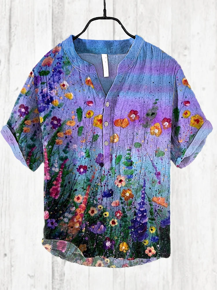 Flower Oil Painting Art Print Cotton Linen Shirt