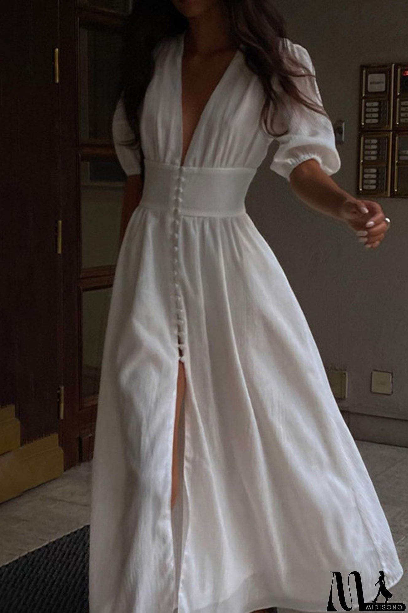 MidiSono - Puff Sleeve Single-breasted Slit Dress