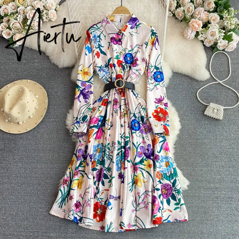 Women's Elegant Long Sleeve Floral Shirt Dress Spring Autumn Single Breasted Long Dress Lady Streetwear Holiday Aiertu