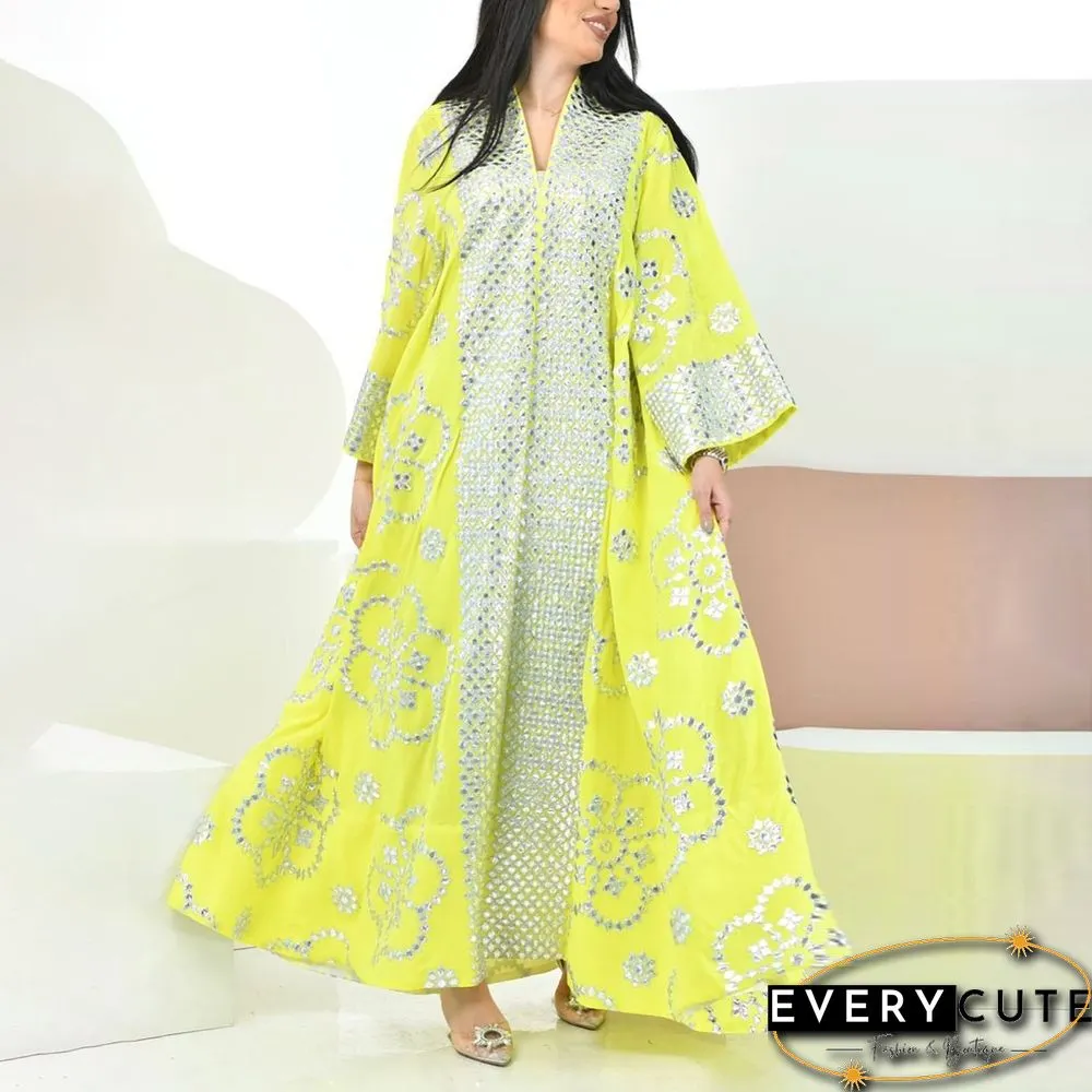 Ramadan Women Yellow V-Necked Kaftan