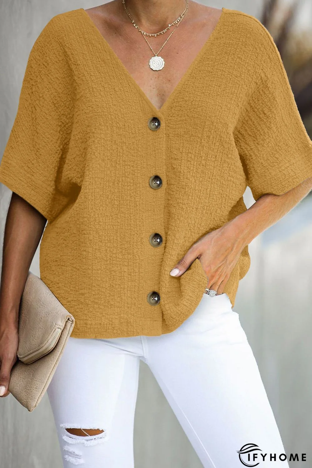 Yellow V Neck Button Front Crinkled Blouse | IFYHOME