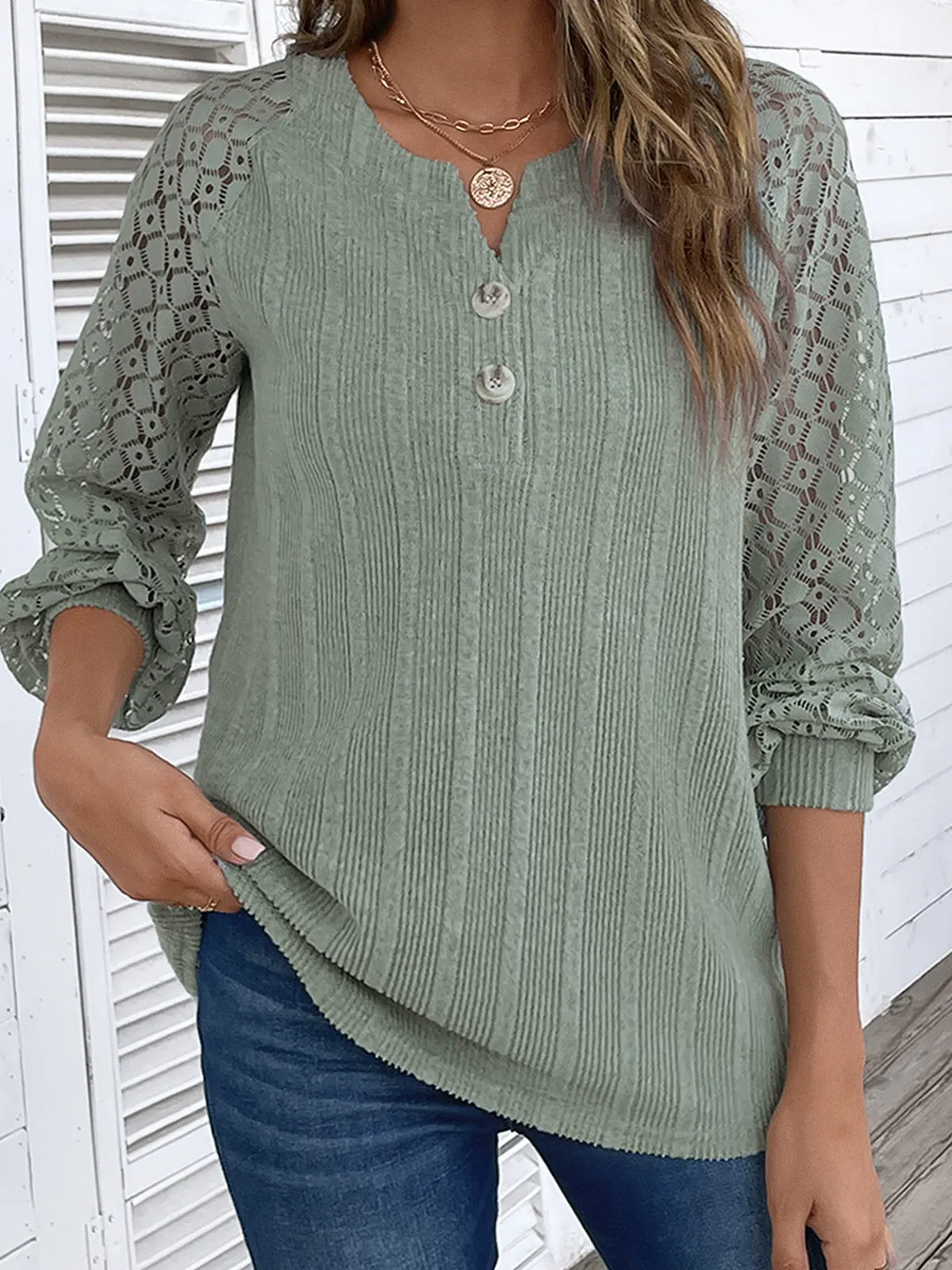 Women's Long Sleeve V-neck Solid Color Lace Top
