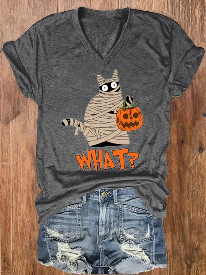 Women's Bandage Black Cat Pumpkin Print V-Neck T-Shirt