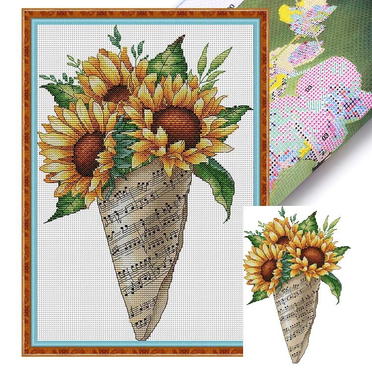 Joy Sunday Flower Music Note Bouquet - Sunflower 14CT Stamped Cross Stitch 26*36CM