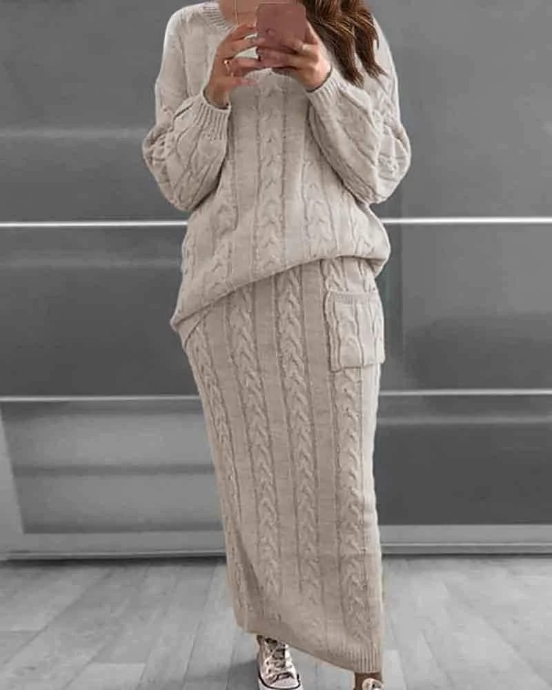 Two-piece set of fashionable twist sweater + skirt