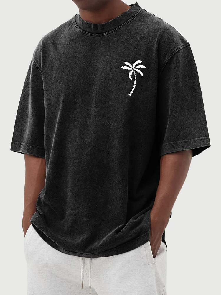 Men's Vintage Washed Distressed Coconut Print Short-sleeved T-shirt