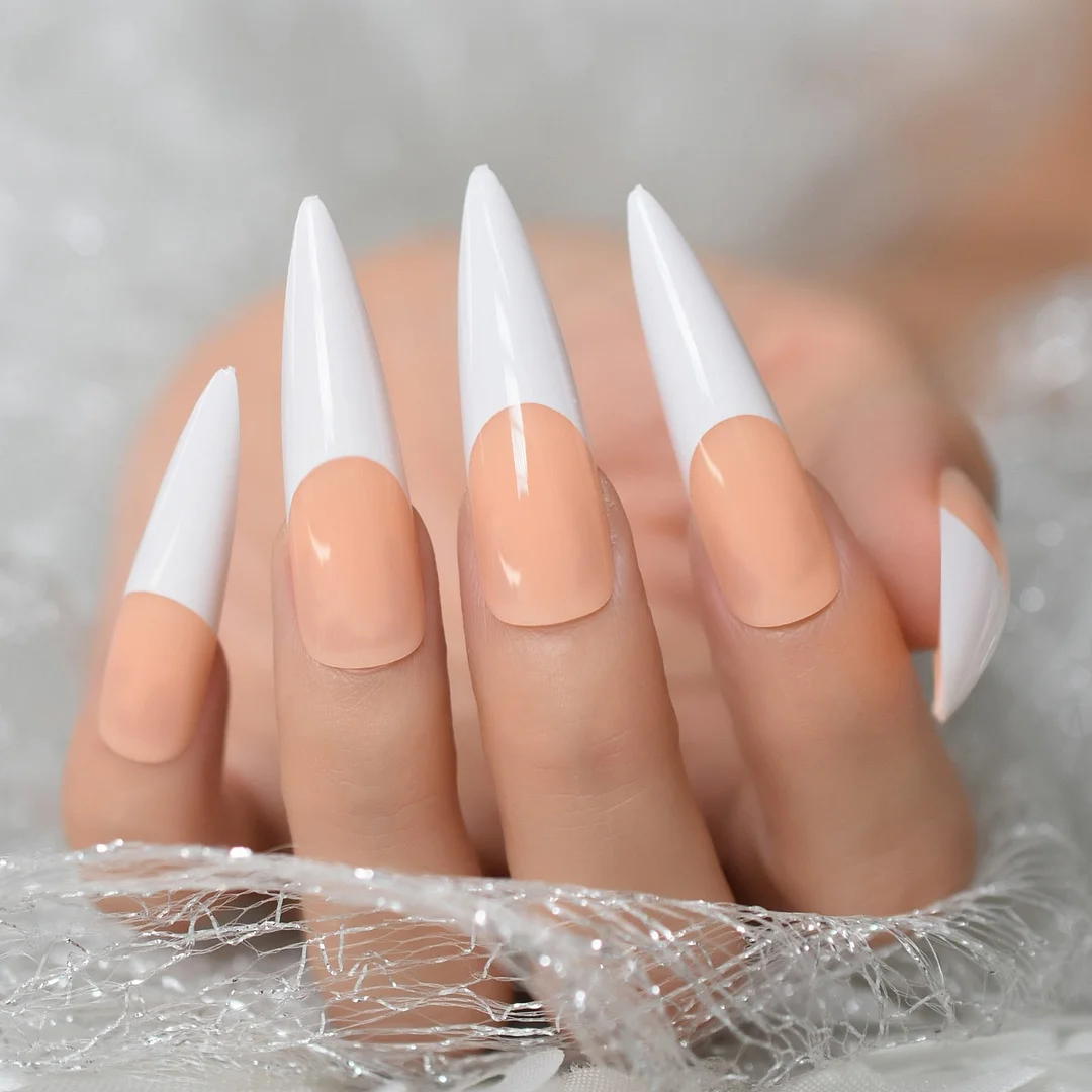 Extremely Long Coffin Press On Nails Beige Black French False Nail Tips Full Cover Glossy Ballerina Fake Finger Nails Manicure-Nail Inspo