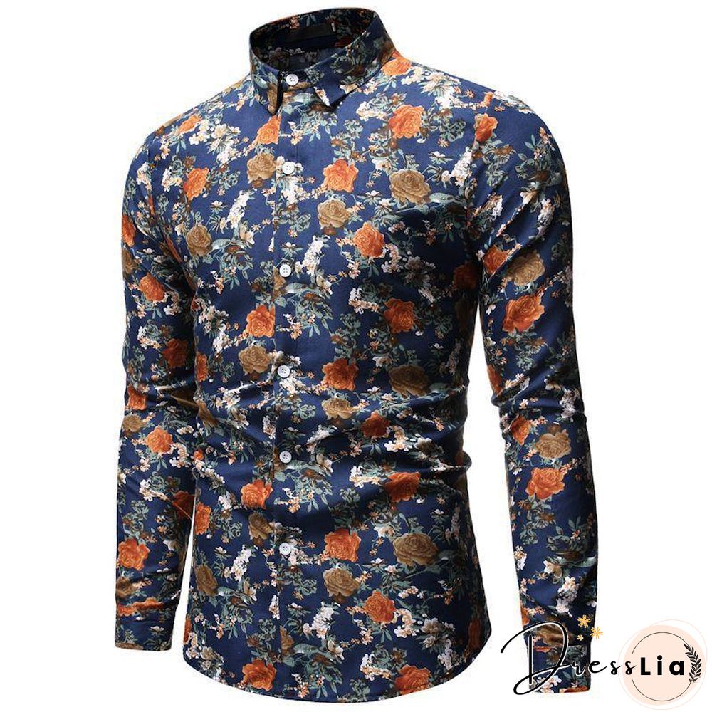 AliExpress wish Hong New style Foreign trade Men'S Wear fashion printed Fold-down collar Plus-sized men's long-sleeve shirt