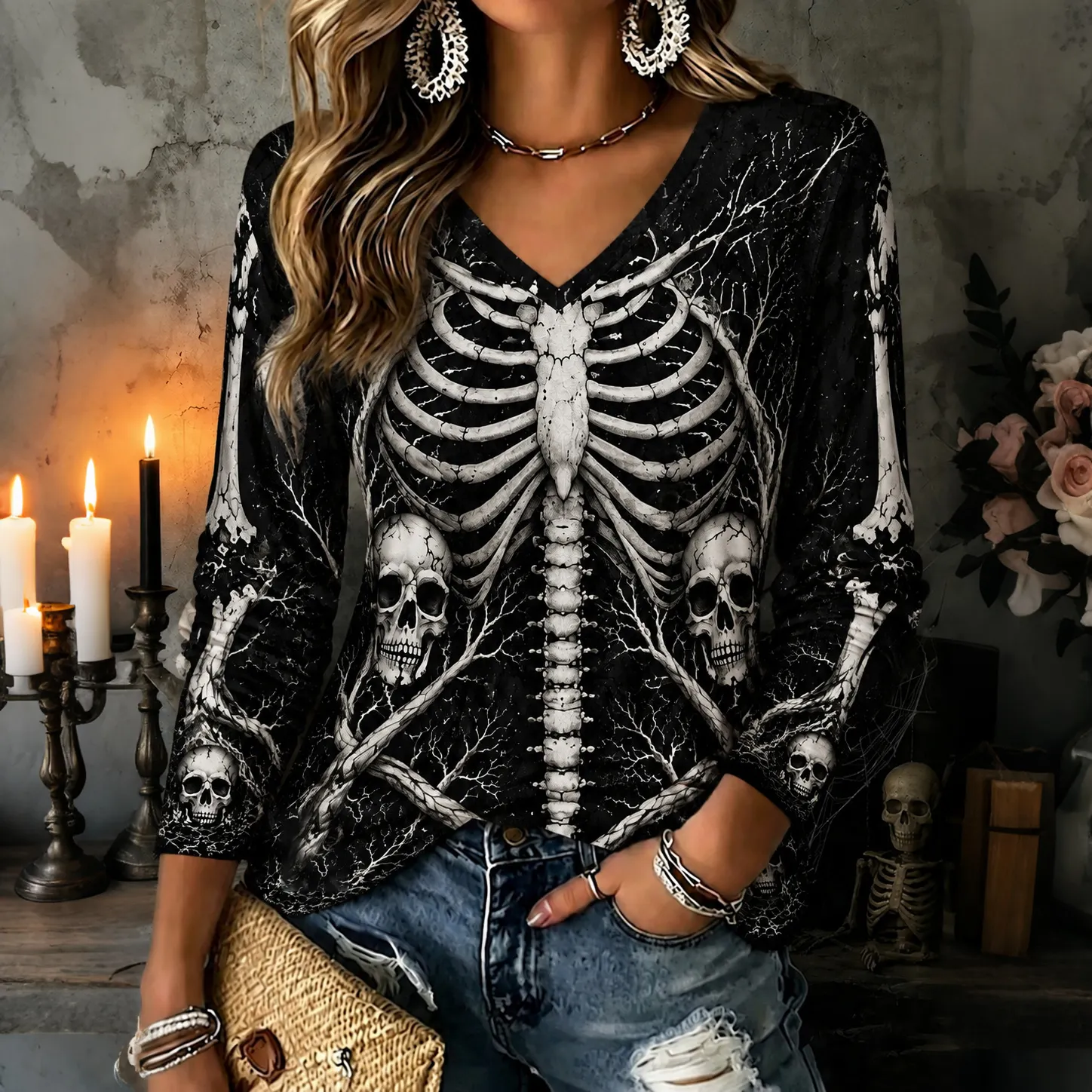 Comstylish Women's Halloween Skeleton Art Print Long Sleeve T-shirt