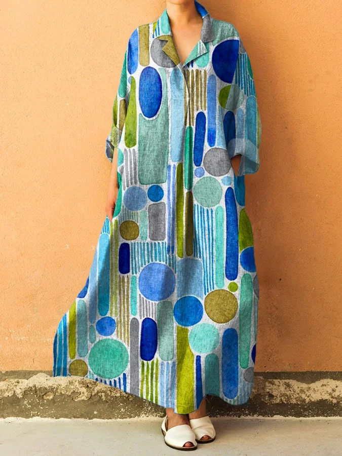 Watercolor Geometric Pattern Printed Women's V-Neck Pocket Cotton Dress
