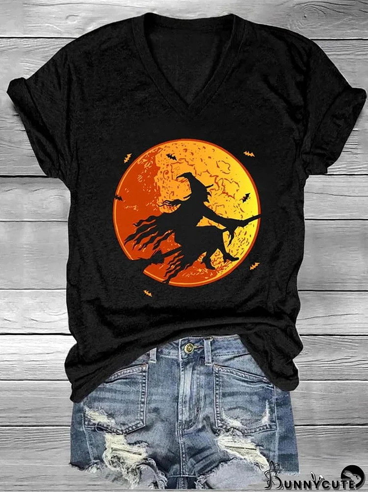 Women's Halloween Witch Printe V-Neck Casual T-Shirt