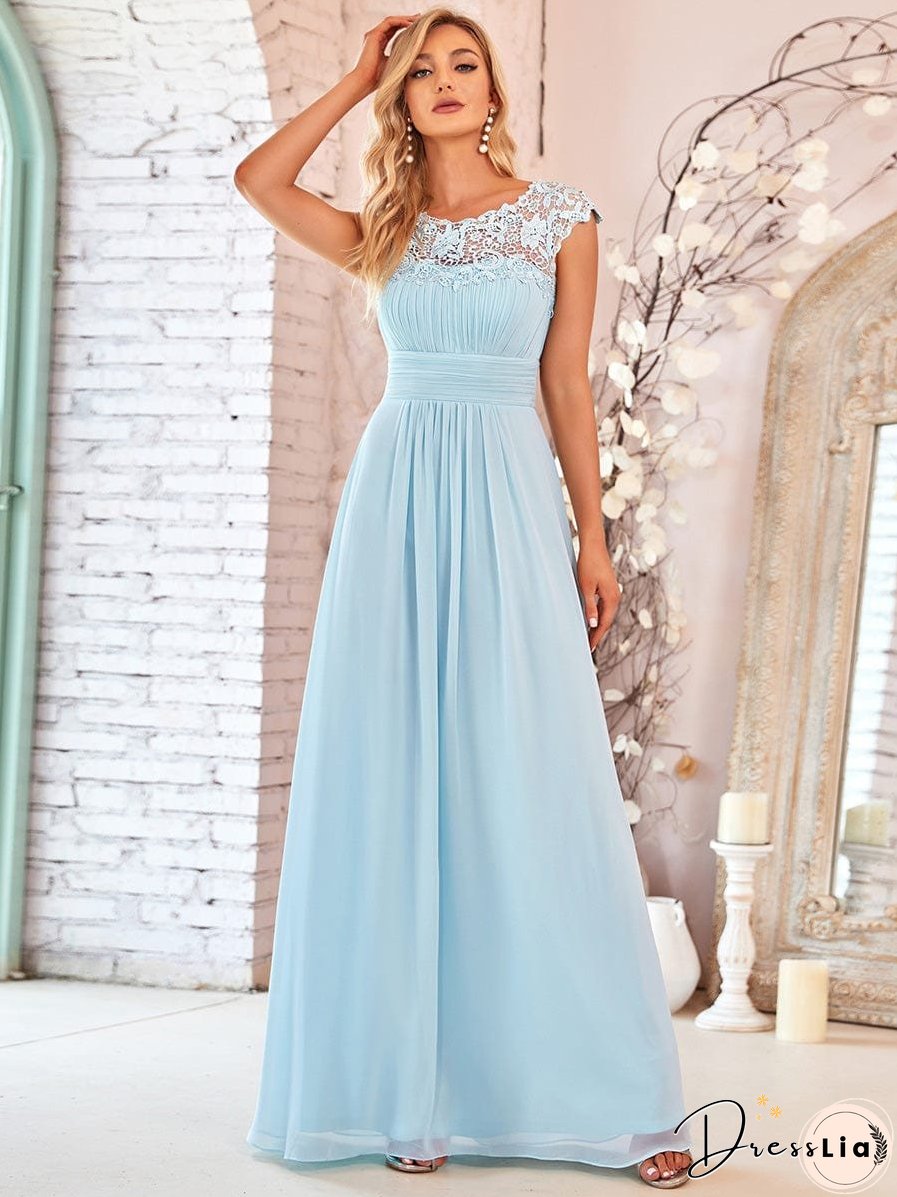 Elegant Lace Cap Sleeve Chiffon Evening Gown with Rhinestone-Embellished Neckline