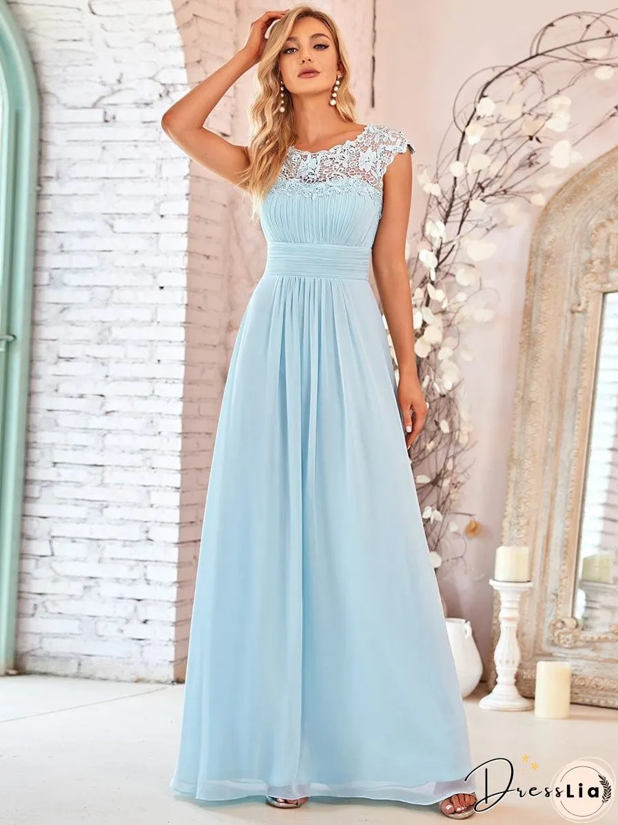 Elegant Lace Cap Sleeve Chiffon Evening Gown with Rhinestone-Embellished Neckline