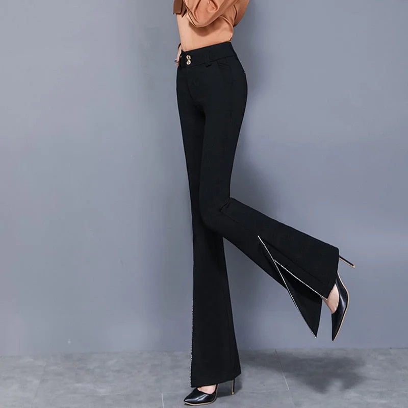 Zoki Elegant Women Flare Pants High Quality Elastic Korean Black Split Spring Lady Trousers Fashion High Waist Button Full Pants