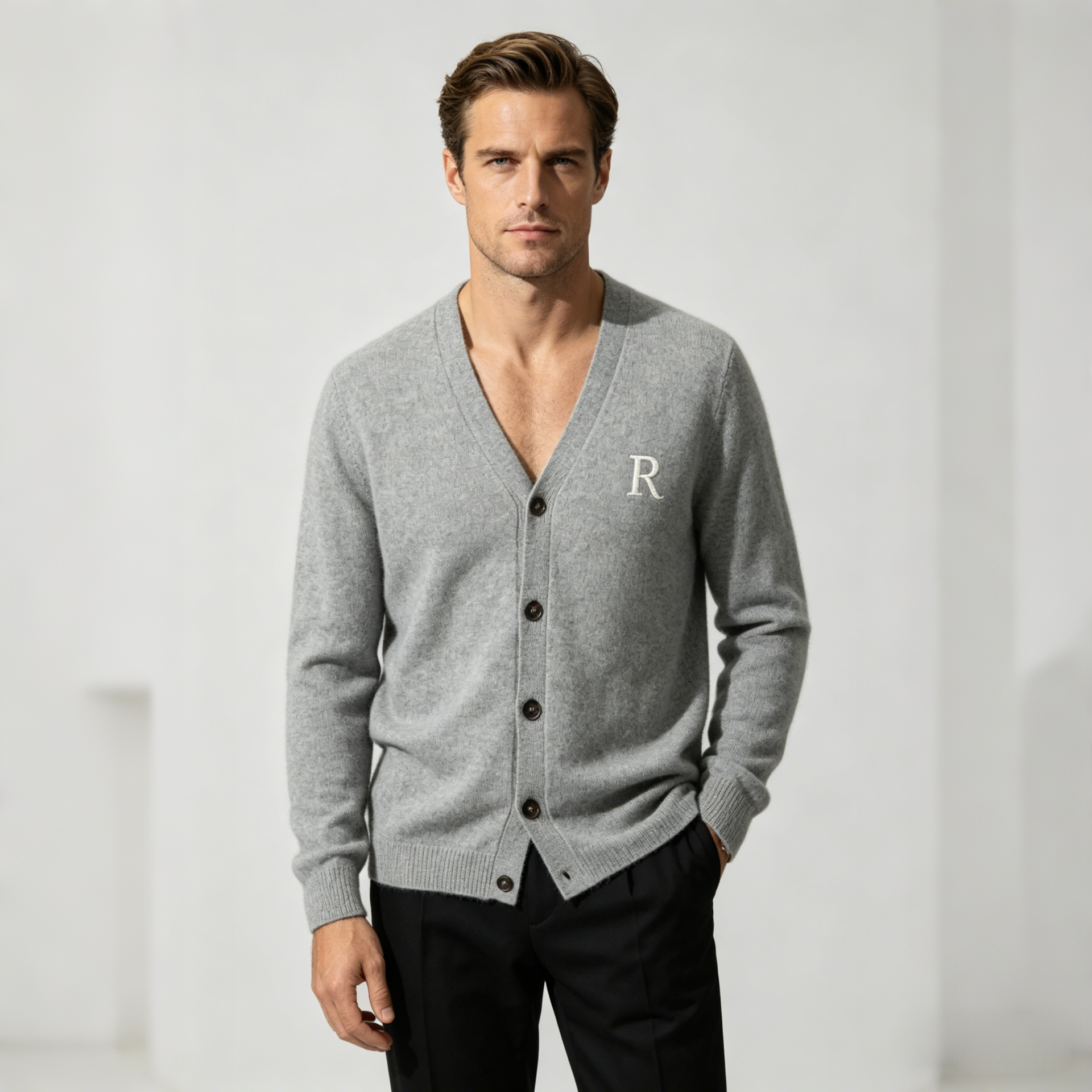 Monogrammed Men's V-Neck Cashmere Cardigan | Button-Front Style REAL SILK LIFE