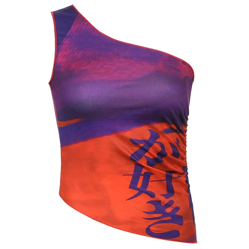 Rapcopter Printed Vintage y2k Corset Top Asymmetrical Grunge Crop Top Women Summer 90s Streetwear Chinese Style Camis Harajuku