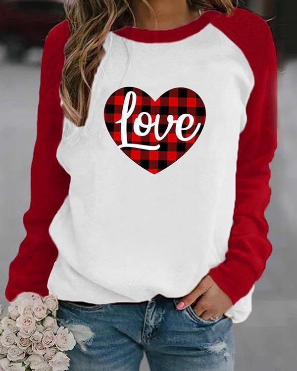 Love Letter in Heart Shaped Print Long Sleeves Color Block T-shirt - Chicaggo
