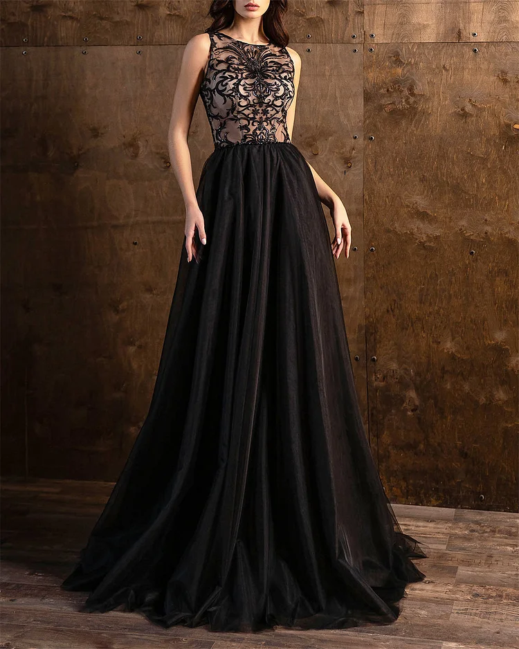 Women's Black Embroidered Sequin Party Dress