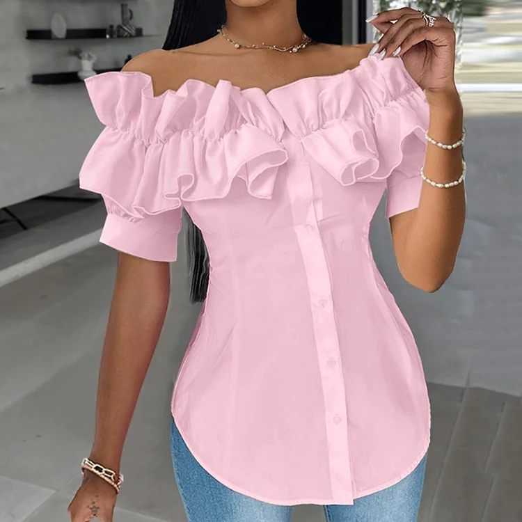 Casual Ruffled Off Shoulder Puff Sleeve Button Blouse