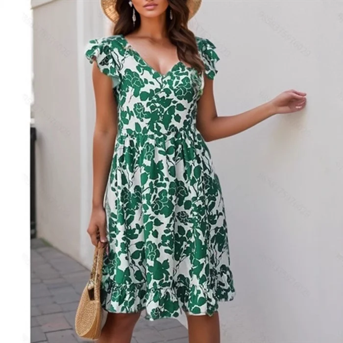 Women's Summer 2025 Dress Leaf Print Dress V-neck Flying Sleeve Casual Vacation Dress