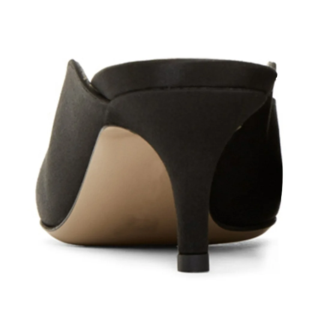 Black Satin Pointed Toe Slip-On Kitten Heeled Mules by YDN