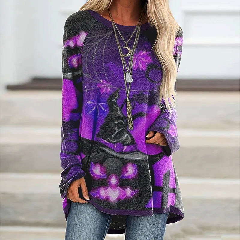Crew Neck Halloween Pumpkins Print Longline T-shirt