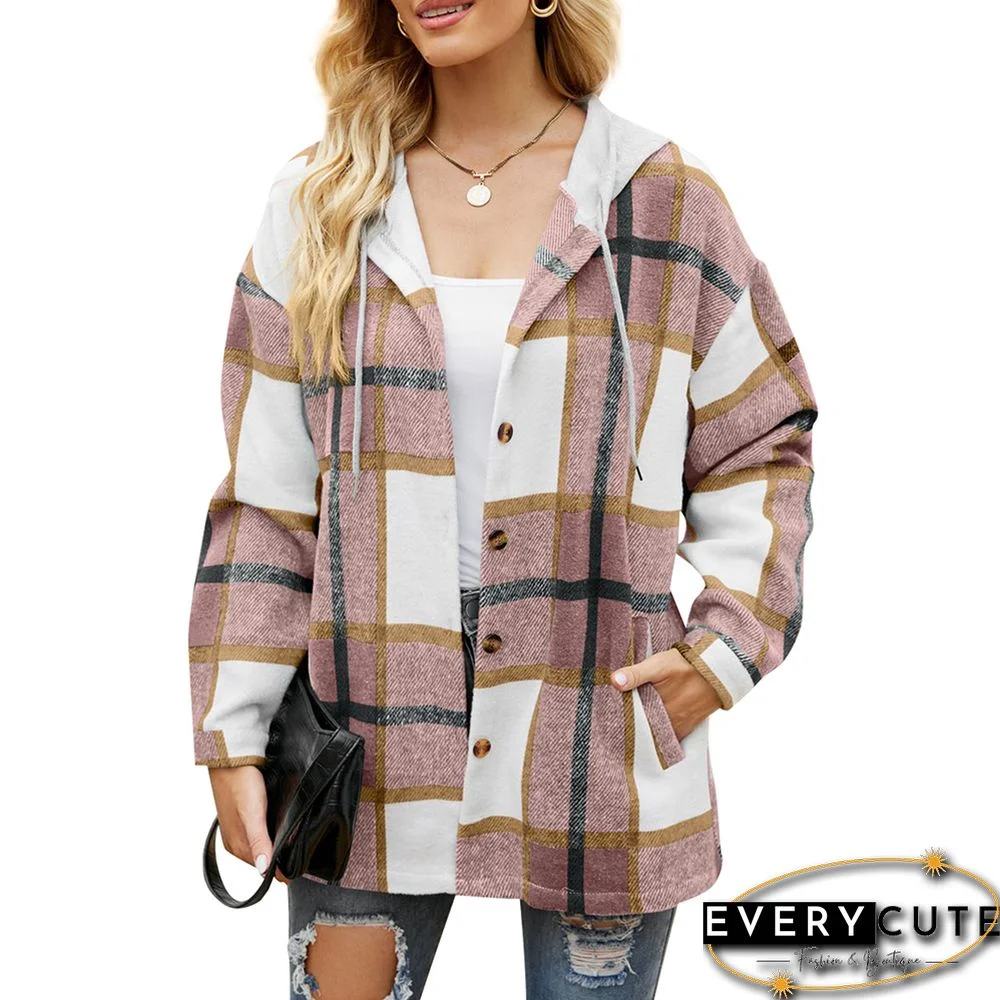 Pink Woolen Plaid Print Hooded Coat with Pocket