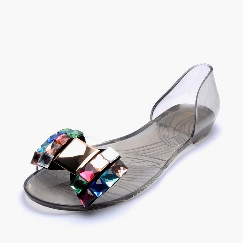 New Women Transparent Sandals Color Crystal Bowtie Flats Bohemia Peep Toe Shoes Female Summer Slip-On Beach Casual Shoes Ladies