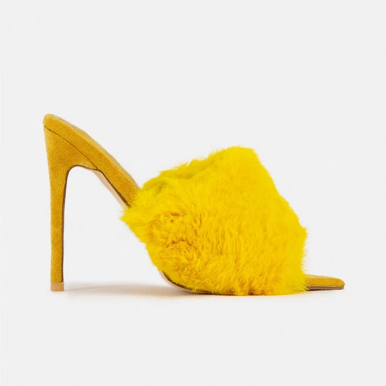 Yellow Fur Heels Peep Toe Stiletto Heel Trending Mules US Size 3-15 |FSJ Shoes