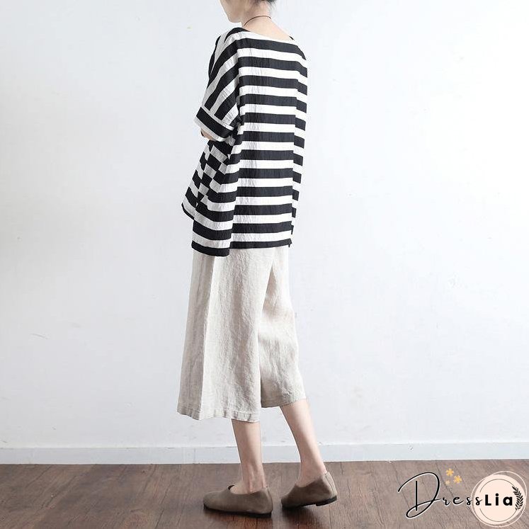 New Black White Striped Linen Summer Tops Casual O-Neck Pullover Batwing Sleeve T-Shirt