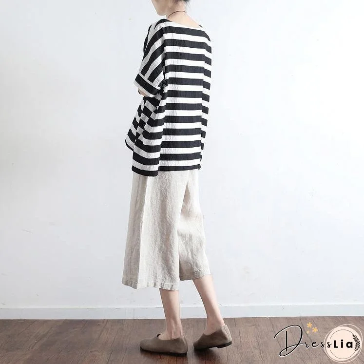 New Black White Striped Linen Summer Tops Casual O-Neck Pullover Batwing Sleeve T-Shirt