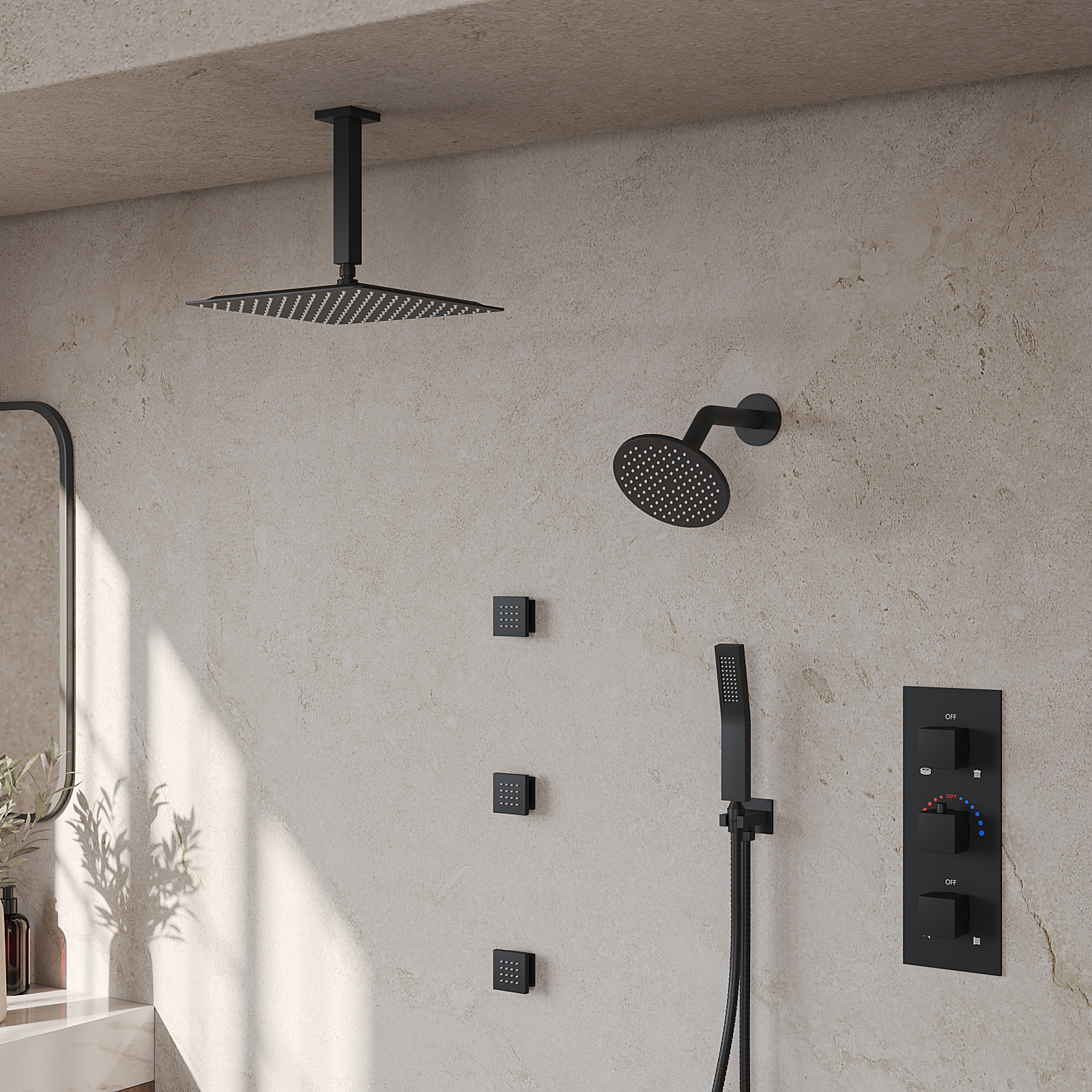 Multi-Function Shower System with 360° Swivel Wall Mounted Head and Extra Long Hose Handheld Spray Body Jets, Matte Black