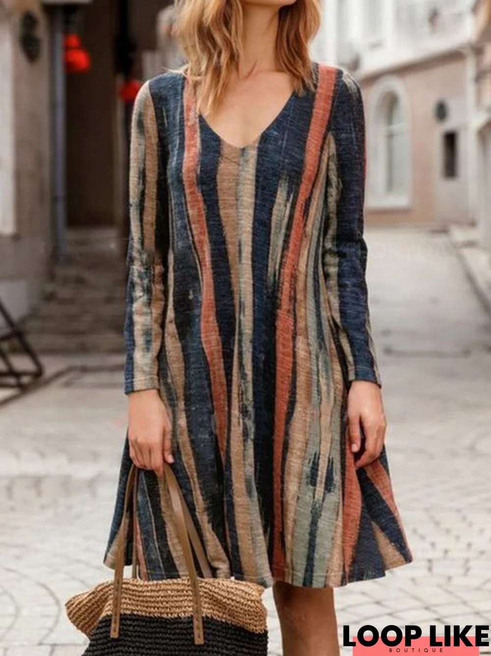 Striped Vintage Geometric Line&cotton A-line Knitting Dress