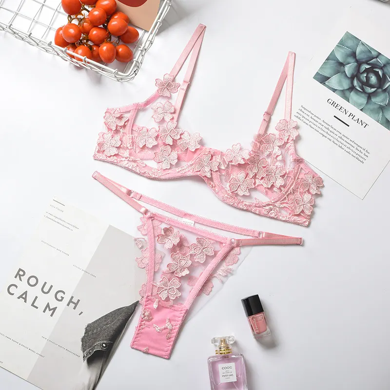 Billionm Sexy Lace Lingerie Set Floral See Through Bra Panty Nightwear Transparent Pink Underwear Women Embroidery Sheer Under Wear Sex