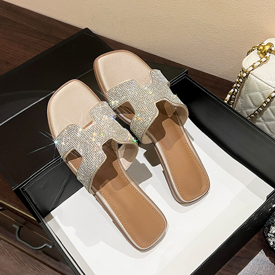 Women's Summer Square Open Toe Rhinestone Sparkling Flat Slippers-vocosishoes