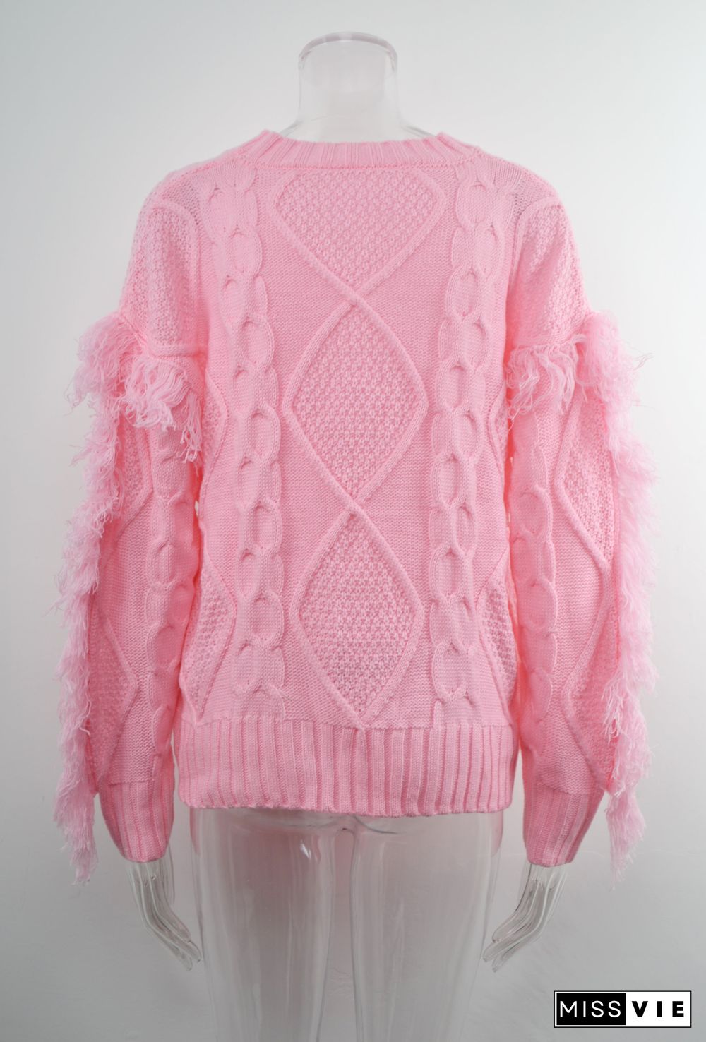 Round Neck Long Sleeve Cable Knit Design Sweater