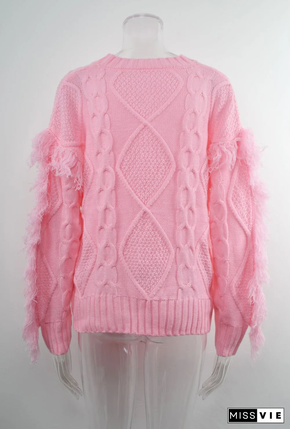Round Neck Long Sleeve Cable Knit Design Sweater