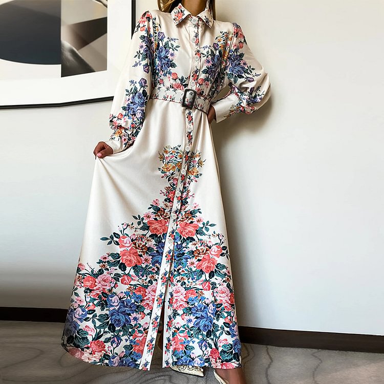 Hepburn floral print long sleeve cardigan dress