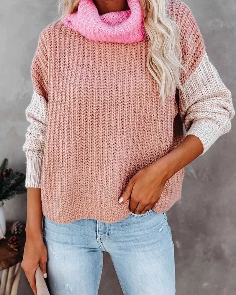 Fitshinling Patchwork Turtleneck Women Knitted Sweater 2021 New Arrival Boho Pullover Fashion Slim Jumper Vintage Winter Tops