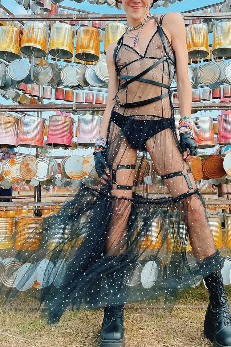 Mesh See Through Star Prints Overlay Festival Cover Up Dress 