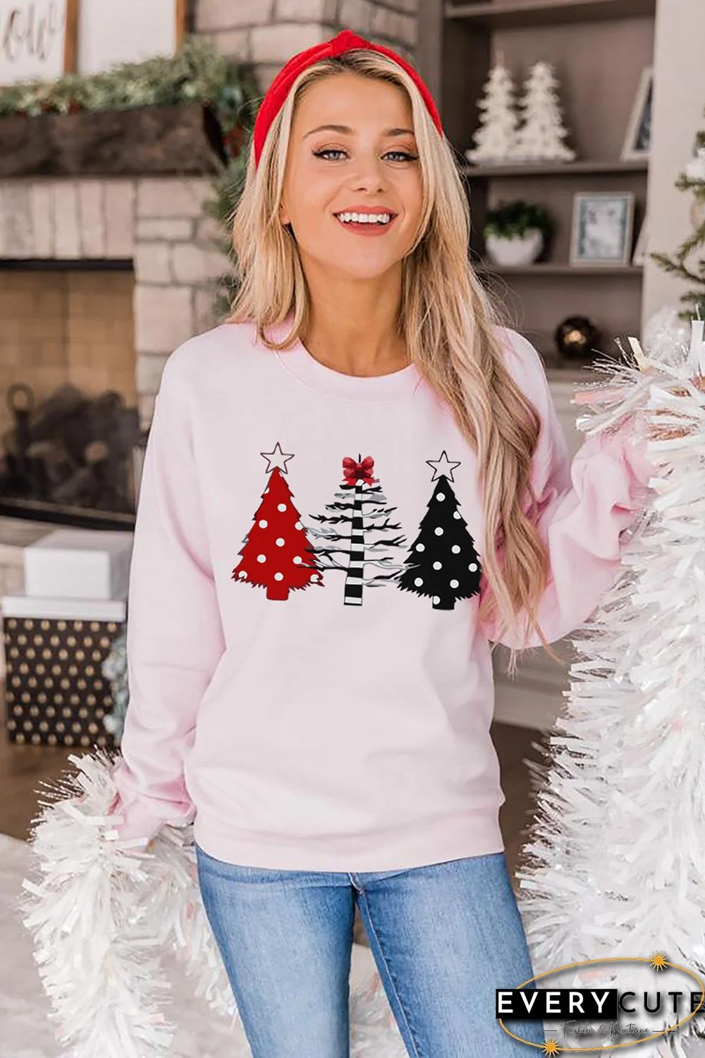 Pink Christmas Tree Graphic Print Pullover Sweatshirt