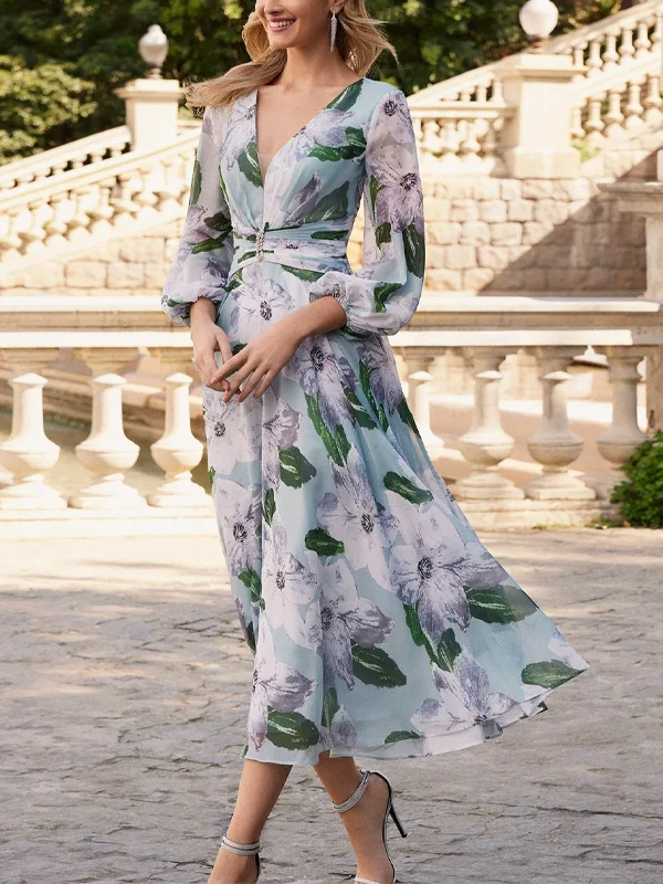 V-Neck Chiffon Print Midi Dress