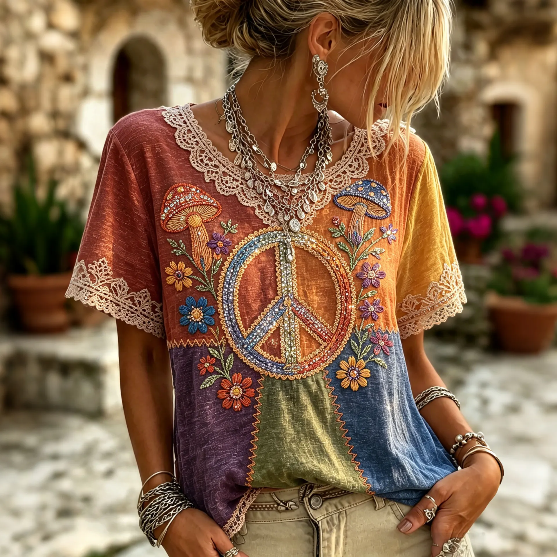 Comstylish Women's Retro Hippie Pattern Art Print Crew Neck T-shirt