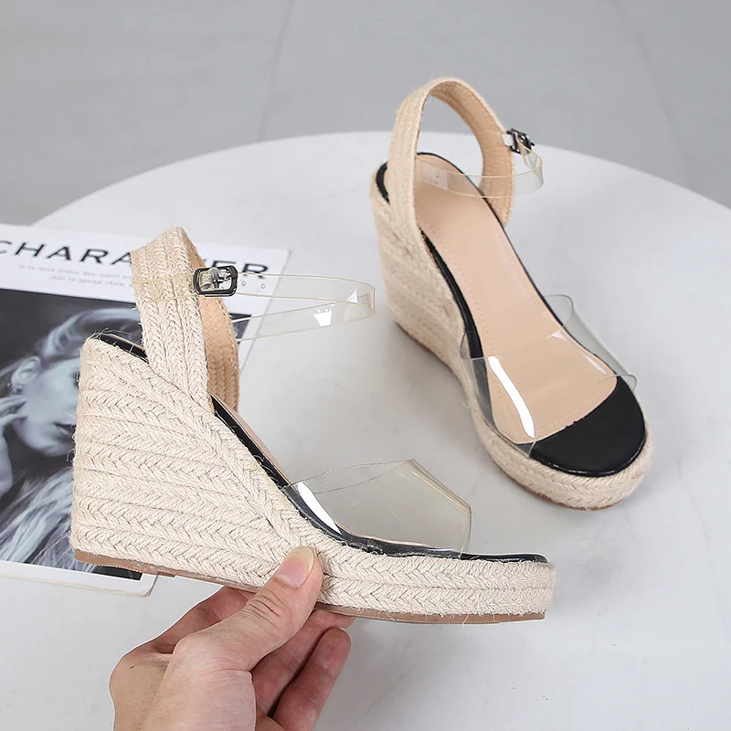 Wongn Wongn New Wedge Wedge Platform High Heel Sandals Women's High Heel Glass Rubber Grass Hemp Rope Bottom Large Size