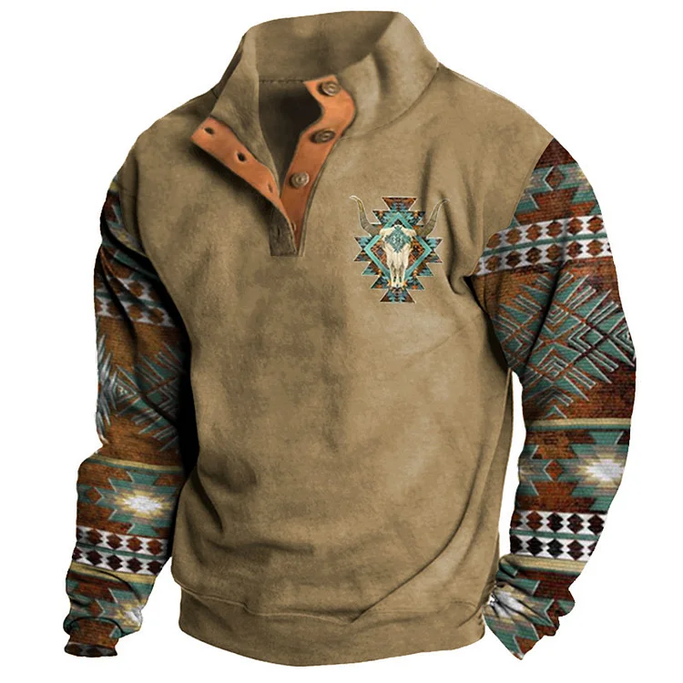 Vintage Graphic Tribal Bull Long Sleeve Half Placket Sweatshirt