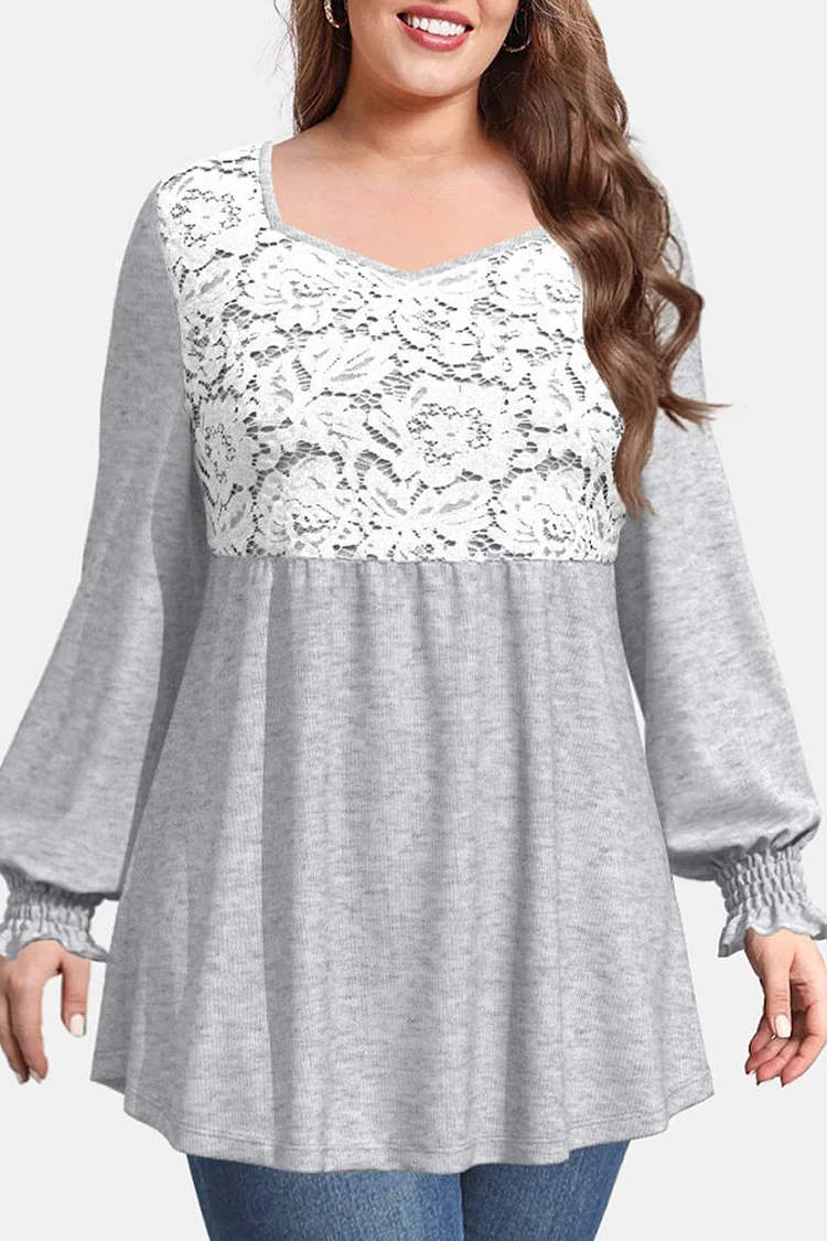 Flycurvy Plus Size Casual Light Grey Lace Lettuce Trim Smocking Tunic Blouse  Flycurvy [product_label]