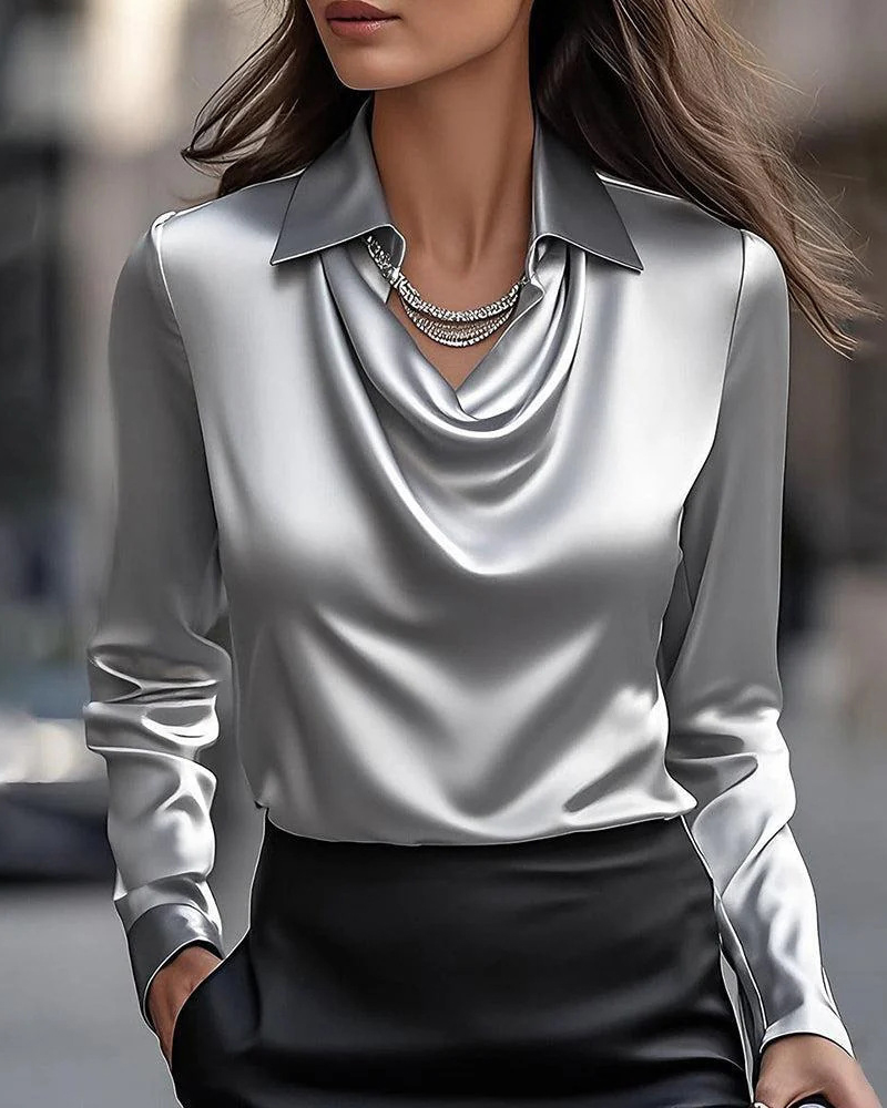 Shirt Cowl Neck Long Sleeve Solid Color Stain Blouses