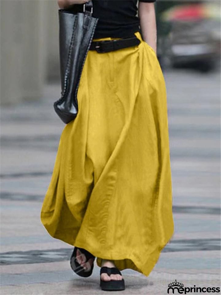 Retro Style Elastic Waist Button Zipper Pocket Flare Maxi Skirt